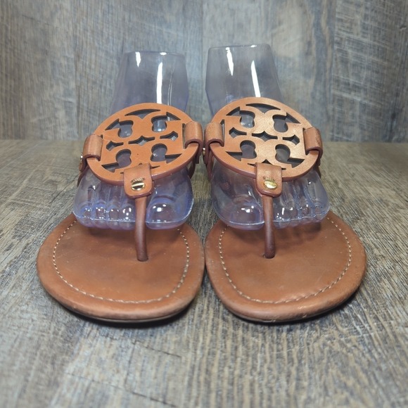 Tory Burch Miller Sandals Vintage Vachetta Tan Leather Medallion Logo Size 9 - Picture 3 of 14